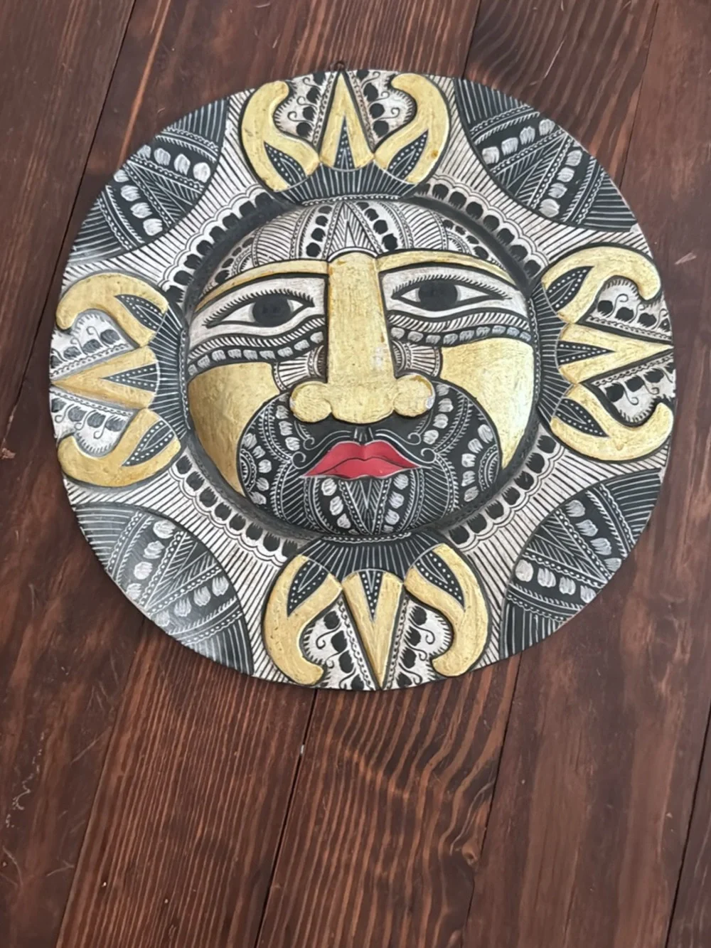 Handcrafted Decorative Sun Face Wall Art - Gold, Black & Red